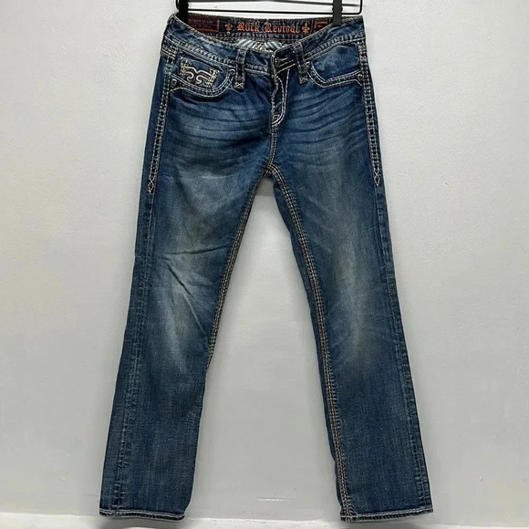 Rock Revival Cameron Easy Straight Leg Embroidered Denim Blue Jeans Womens 28 - Picture 1 of 14